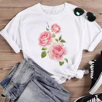(Азиатский размер) Модный принт с женским цветочным принтом, милая трендовая повседневная футболка 90-х годов, повседневная женская футболка с коротким рукавом и графическим принтом S