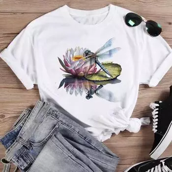(Азиатский размер) Модный принт «Стрекоза», женская повседневная футболка 90-х годов, повседневная женская футболка с графическим рисунком, футболки с короткими рукавами S