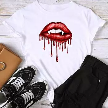 (Азиатский размер) Модный принт в стиле губ, тренд любви, милая милая футболка с рисунком, женская повседневная футболка, повседневная женская футболка с коротким рукавом S