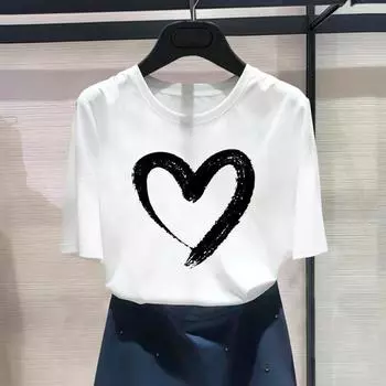 (Азиатский размер) Модный принт в стиле сердца с любовью, тренд 90-х годов, милая футболка с рисунком, женская повседневная футболка, повседневная женская футболка с коротким рукавом S