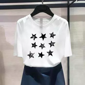 (Азиатский размер) Модный принт в виде звезды, акварельный тренд, стиль 90-х, милая женская повседневная футболка, повседневная женская футболка с коротким рукавом и графическим принтом S