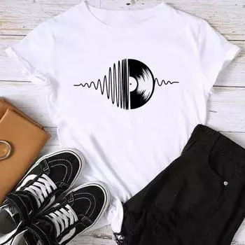 (Азиатский размер) Модный принт, женский музыкальный тренд, милый стиль, милый повседневный женский топ, повседневная футболка, футболка с коротким рукавом и графикой S