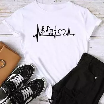 (Азиатский размер) Модный тренд Heartbeat, милый женский повседневный принт с принтом 90-х, женский топ, повседневная футболка, футболка с рисунком, футболка с коротким рукавом S