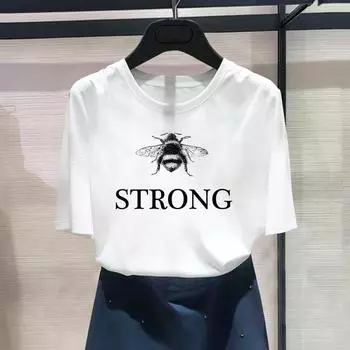(Азиатский размер) Модный женский повседневный принт с буквами пчелы, милый тренд, милый женский топ, повседневная футболка, футболка с коротким рукавом и графическим принтом S