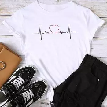 (Азиатский размер) Модный женский повседневный женский топ с принтом Love Heart Sweet Trend, милая повседневная футболка с графическим рисунком, футболка с коротким рукавом S