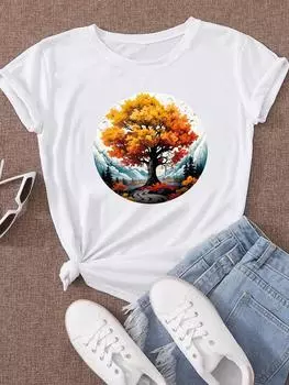 (Азиатский размер) Одежда, акварельное дерево, трендовый стиль, повседневная футболка, женская футболка с коротким рукавом, модный женский топ с принтом, женские футболки с графикой S