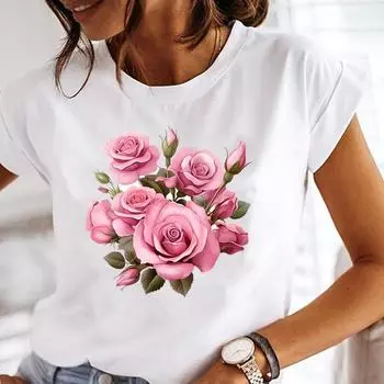 (Азиатский размер) Одежда акварельный цветочный стиль 90-х женская повседневная женская футболка с коротким рукавом модная женская футболка с принтом женская графическая S
