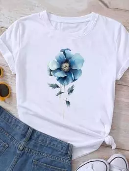 (Азиатский размер) Одежда Футболка Футболка Женская Милая акварель с цветочным принтом Модные женские футболки с короткими рукавами и графикой S