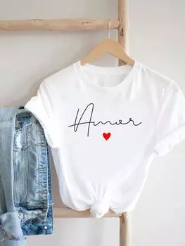 (Азиатский размер) Одежда, футболка, милый стиль любви, милый топ 90-х годов, женский топ с принтом, модные женские футболки с коротким рукавом и графикой S