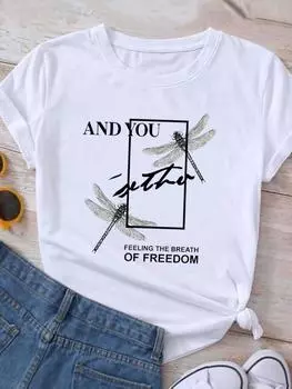 (Азиатский размер) Одежда, футболка, милый топ со стрекозой и буквами, женский женский модный принт с коротким рукавом, графические футболки S