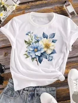 (Азиатский размер) Одежда Футболка прекрасный цветочный стиль 90-х Модная женская повседневная женская футболка с коротким рукавом принт женская графическая футболка S