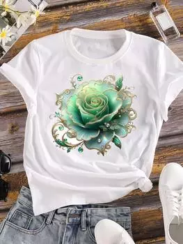 (Азиатский размер) Одежда Футболка прекрасный цветочный стиль милый модный женский повседневный женский футболка короткий рукав принт женский графический футболки S