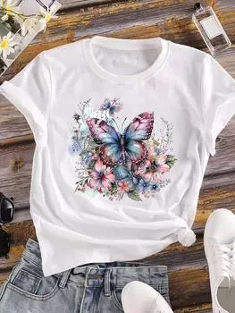(Азиатский размер) Одежда Футболка с акварельным цветочным принтом, тренд 90-х, милая мода, женская повседневная женская футболка, короткий рукав, принт, женская графическая футболка S