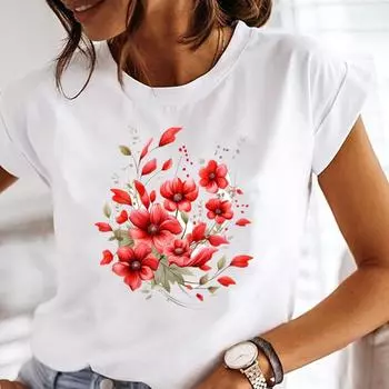 (Азиатский размер) Одежда Футболка с коротким рукавом с принтом Модная женская повседневная женская футболка Топ Женская женская милая цветочная тенденция 90-х Графические футболки S