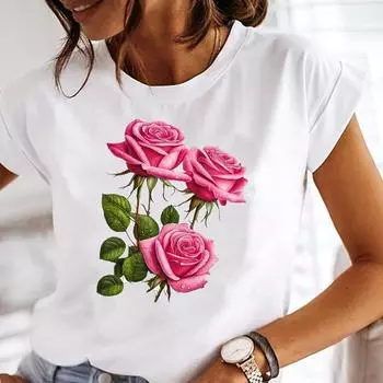 (Азиатский размер) Одежда Футболка с коротким рукавом с принтом, милая тенденция, цветочная, милая, 90-е, модная женская повседневная женская футболка, топ, женская футболка с рисунком S