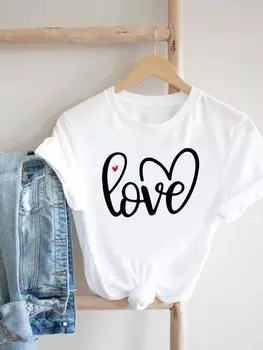 (Азиатский размер) Одежда Love Heart Letter Trend Футболка Футболка Женский женский принт Модные женские футболки с короткими рукавами и графикой S