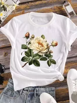 (Азиатский размер) Одежда милая цветочная милая повседневная цветочная модная футболка с коротким рукавом женская футболка с принтом женская графическая футболка S