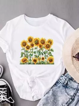(Азиатский размер) Одежда мода принт короткий рукав футболки T женский сладкий цветок милый повседневный женский топ графическая футболка S