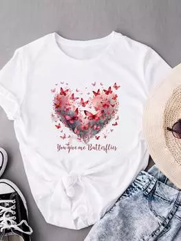 (Азиатский размер) Одежда Мода Принт Любовь Сердце Бабочка Тенденция Короткие рукава Футболки T Женский Повседневный женский топ Графический Tee S