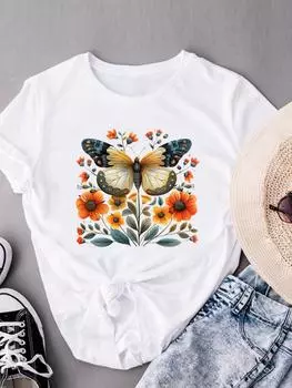 (Азиатский размер) Одежда Модный принт бабочка сладкий тренд 90-х футболки с коротким рукавом футболка женская повседневная женская футболка с графическим рисунком S