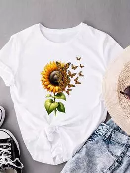 (Азиатский размер) Одежда Модный принт Футболки с коротким рукавом Футболка Женская леопардовая бабочка тренд Повседневный женский топ с графическим принтом Футболка S