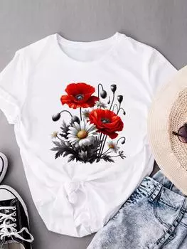 (Азиатский размер) Одежда Модный принт Футболки с коротким рукавом Футболка Женская акварельная тенденция 90-х Повседневная женская футболка с графическим принтом S