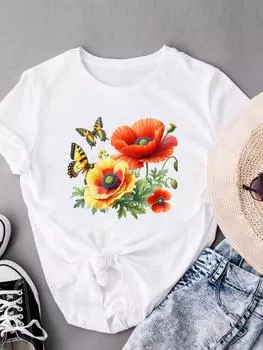 (Азиатский размер) Одежда Модный принт Футболки с коротким рукавом Футболка Женская трендовая цветочная бабочка Повседневная женская футболка с графическим принтом S