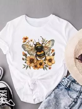 (Азиатский размер) Одежда Модный принт Футболки с коротким рукавом Футболка Женская акварельно-цветочная Повседневная женская футболка с графическим принтом S