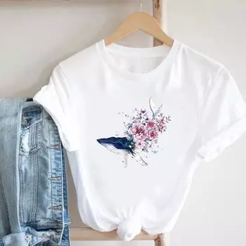 (Азиатский размер) Одежда, пляжная одежда с цветочным принтом, милая повседневная футболка 90-х годов, модная футболка с коротким рукавом, женская футболка с круглым вырезом и графическим принтом S