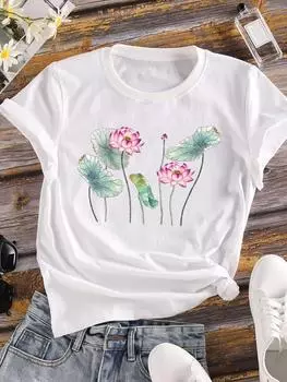 (Азиатский размер) Одежда Повседневная Цветочная Мода Акварельная живопись Футболка с коротким рукавом Женская футболка с принтом Женская графическая футболка S