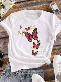 (Азиатский размер) Одежда Повседневная Цветочная модная футболка с коротким рукавом в стиле бабочки 90-х Женская футболка с принтом Женская графическая футболка S