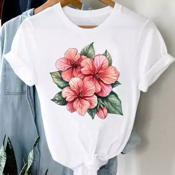 (Азиатский размер) Одежда Повседневная Цветочная тенденция Цветочная тенденция Милая женская футболка Топ Модная футболка с коротким рукавом Принт Женская женская графическая футболка S