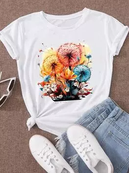 (Азиатский размер) Одежда, повседневная футболка, акварельный цветочный стиль, трендовая женская футболка с коротким рукавом и модным принтом, женская футболка, женские футболки с графикой S