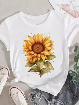 (Азиатский размер) Одежда, повседневная футболка, цветочный стиль, тренд 90-х годов, милые женские футболки с коротким рукавом и модным принтом, женская футболка с графическим рисунком S