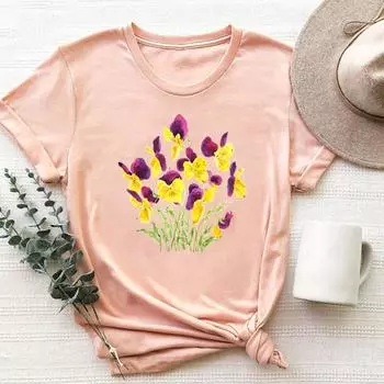 (Азиатский размер)Одежда, повседневная футболка с короткими рукавами, цветочный стиль, милый милый топ, модная футболка, женская футболка с принтом, женская футболка с графикой S