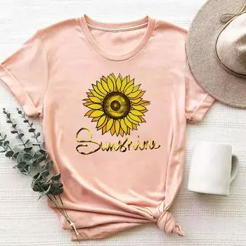 (Азиатский размер)Одежда, повседневная футболка с надписью «Подсолнух», милая футболка с короткими рукавами, модная футболка, женская футболка с принтом, женская футболка с графикой S