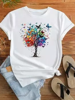 (Азиатский размер) Одежда, повседневная футболка, стиль бабочки, трендовое дерево, женская футболка с коротким рукавом и модным принтом, женская футболка, женские футболки с графикой S