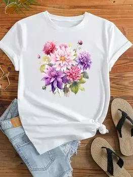 (Азиатский размер) Одежда повседневная футболка женская цветочная тенденция 90-х годов милая милая с коротким рукавом модная женская футболка с принтом женские футболки с графическим рисунком S