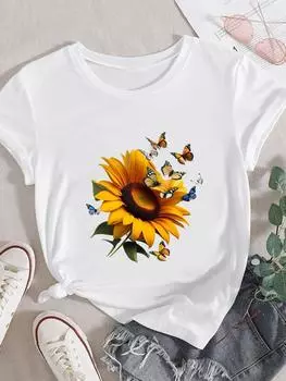 (Азиатский размер) Одежда, повседневная футболка, женская футболка с коротким рукавом, модный женский топ с цветочным принтом и бабочкой, женские футболки с графикой 90-х годов S