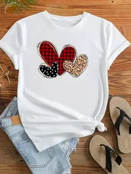 (Азиатский размер) Одежда, повседневная футболка, женская клетчатая леопардовая футболка с надписью Love Heart Trend, стильная с коротким рукавом, модная женская футболка с принтом, женские футболки с графическим рисунком S