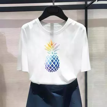 Азиатский размер - одежда, повседневная клетчатая футболка с принтом ананаса, милая женская футболка 90-х годов, женская летняя футболка, модная футболка с коротким рукавом и рисунком S