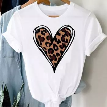 (Азиатский размер) Одежда Повседневная леопардовая женская футболка с принтом в виде сердца, модная футболка с коротким рукавом, женские графические футболки S