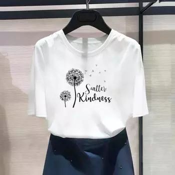 Азиатский размер - одежда, повседневная модная футболка с одуванчиками и растениями, милая женская футболка с принтом 90-х годов, женская летняя футболка, модная футболка с коротким рукавом и рисунком S