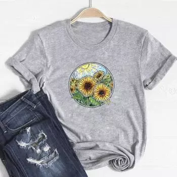 (Азиатский размер)Одежда, повседневная модная футболка в цветочном стиле, милая футболка с короткими рукавами, модная футболка, женская футболка с принтом, женская женская футболка с графикой S