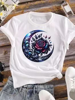 (Азиатский размер) Одежда Повседневная принт Женская винтажная футболка с цветочным принтом Модная футболка с коротким рукавом Женские графические футболки S