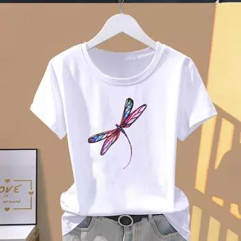 Азиатский размер - одежда повседневная стрекоза любовь тренд 90-х принт женская женская футболка женская летняя модная графическая футболка с коротким рукавом футболка S