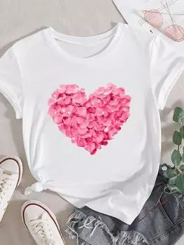 (Азиатский размер) Одежда, повседневная женская футболка с сердечком и цветочным принтом, женская футболка с коротким рукавом и модным принтом, женские футболки с графическим рисунком S