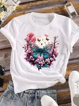 (Азиатский размер) Одежда Повседневная женская футболка с принтом Топ с цветочным принтом Модный тренд в стиле бабочки Футболка с коротким рукавом Женские футболки с графическим принтом S