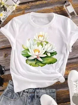 (Азиатский размер) Одежда Повседневная женская футболка с принтом Топ с цветочным принтом Модный тренд 90-х с коротким рукавом Футболка женская с графическим принтом S