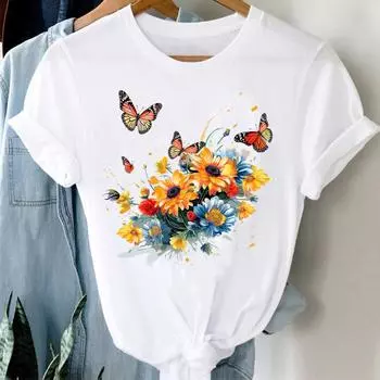 (Азиатский размер) Одежда Повседневная женская футболка с цветочным принтом Модная акварельная цветочная тенденция 90-х Футболка с коротким рукавом Принт Женская графическая футболка S